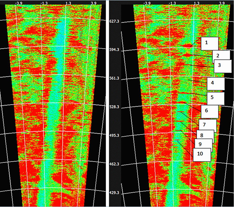 FOD radar screen detecting set of 10 non-calibrated targets (right)