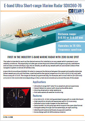 ELVA-1 E-band 76 GHz ultra short-range marine radar with no blind spot