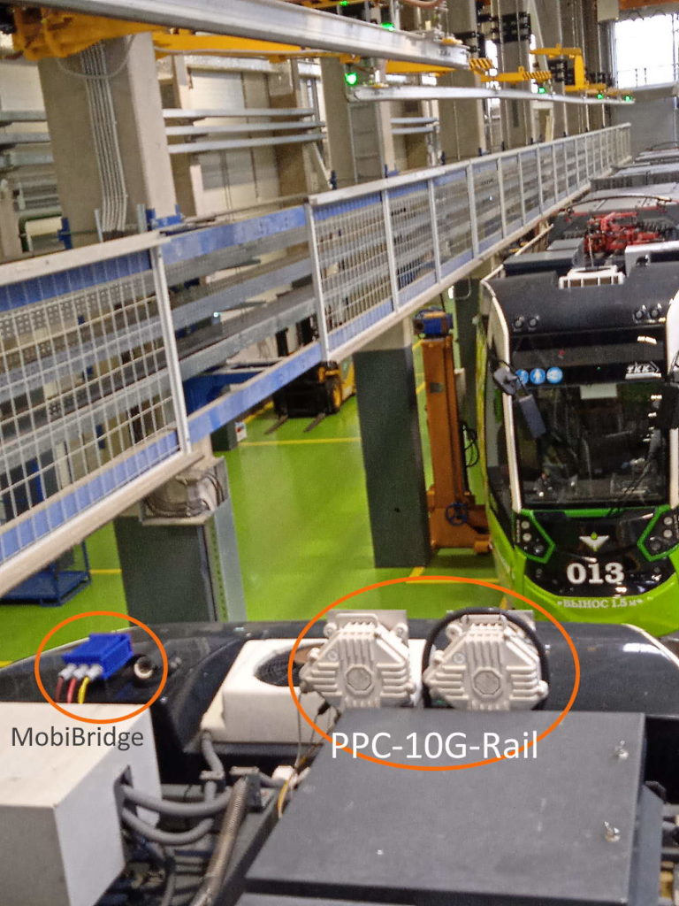 60 GHz 10 Gbps MobiBridge and 70-80 GHz PPC-10G-rail dual-band mm-Wave Rail Communication Radios installed on top of the tram
