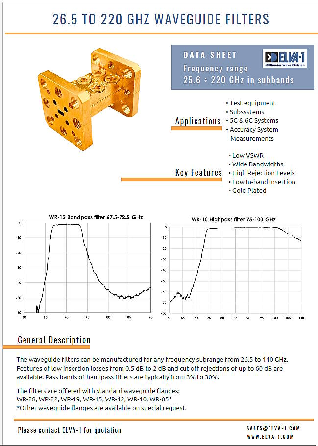 ELVA-1 waveguide lowpass, highpass and bandpass filters in the frequency spectrum from 26.5 to 220 GHz