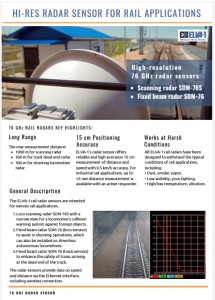 This specialized E-band radar assists in coupling operations between a shunting locomotive and a railcar, as well as for locomotives operating in driverless autonomous mode. Precise distance and speed data are intended to be passed to the computerized control system of the driverless locomotive or displayed to the driver on an additional display in manned locomotives (as an option).